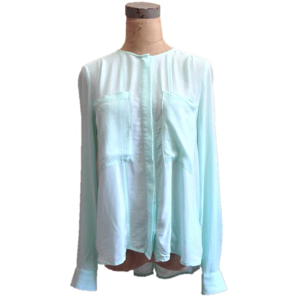 Anthropologie Blouse Maeve Clara Mint Green Long Sleeve Button Front Size 0 Chic - Picture 2 of 13
